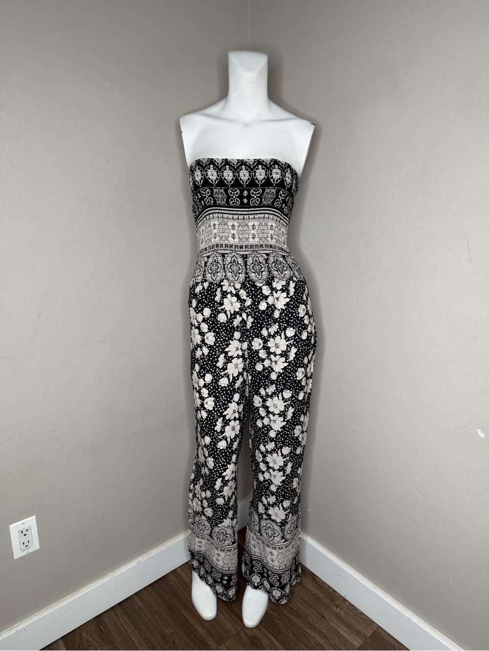 American Rag Black and Cream Strapless Printed Jumpsuit
